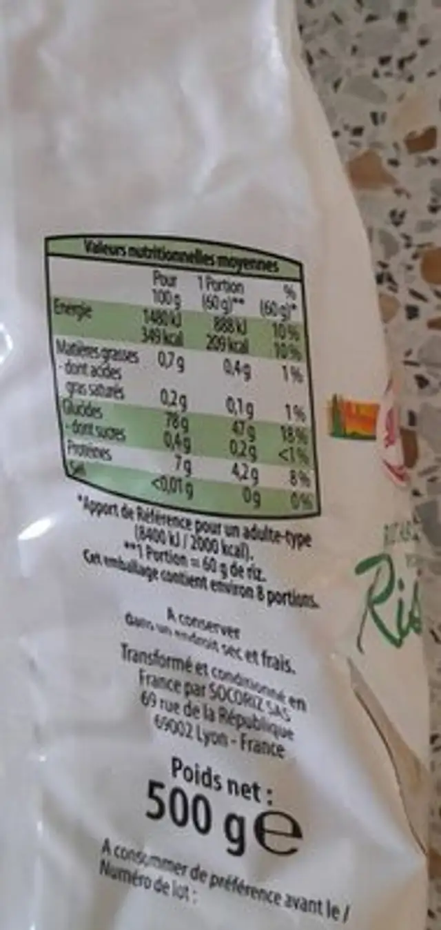 Riz arborio pour risotto nutrition facts table
