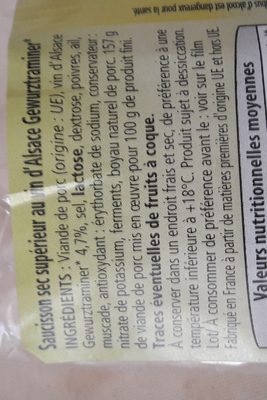 Saucisson sec au vin d'Alsace ingredients label