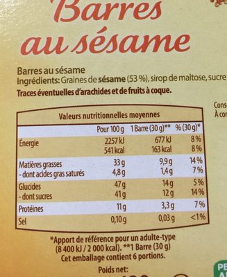 Barres aux amandes, noisettes et arachides nutrition facts table