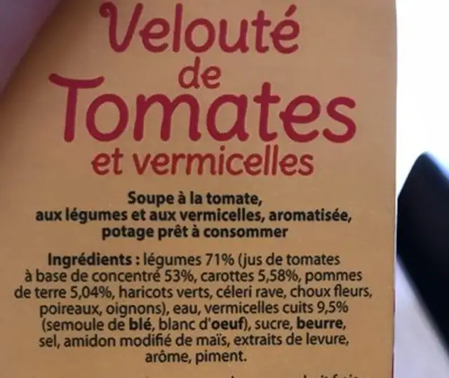 Velouté de tomates et vermicelles ingredients label