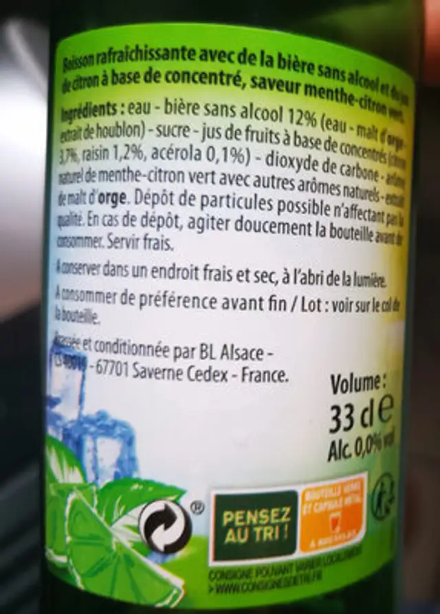 Bière sans alcool saveur mojito ingredients label