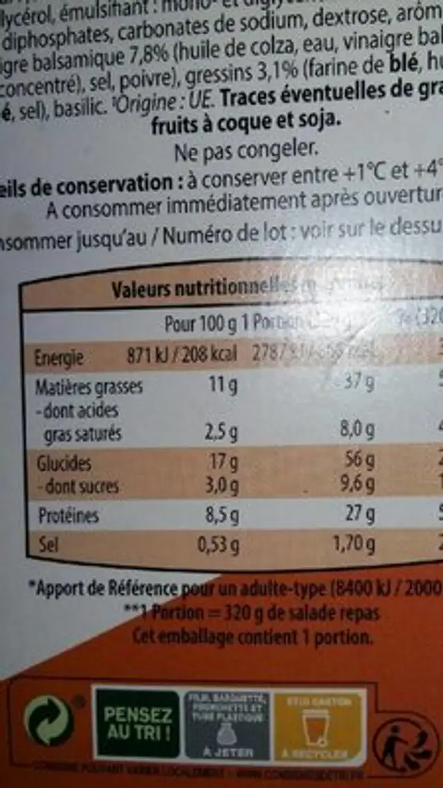 Salade repas jambon oeuf emmental nutrition facts table