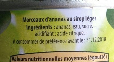 Ananas en tranches au sirop léger ingredients label