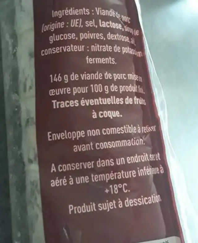 Saucisson sec ingredients label