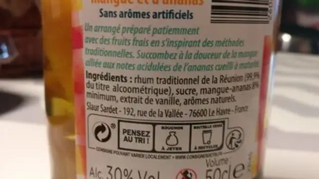 Arrangé aux fruits frais mangue ananas ingredients label