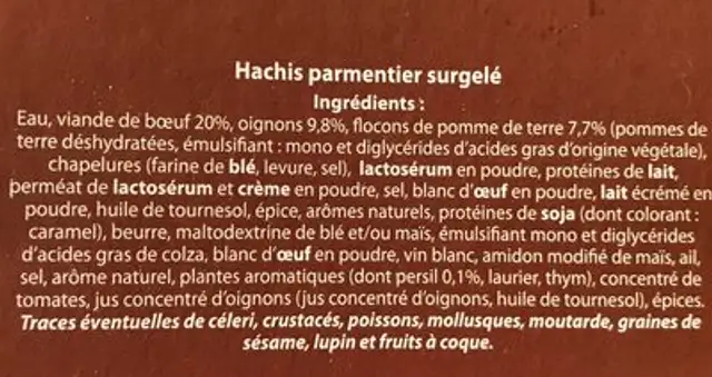 Hachis Parmentier (Repas de Famille) ingredients label