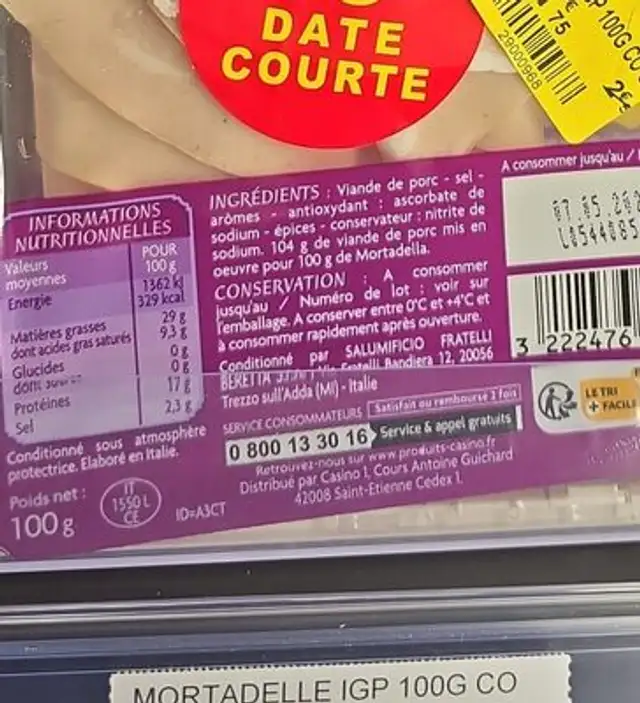 Mortadelle igo 100g CO SA nutrition facts table