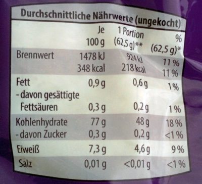 Basmatireis nutrition facts table