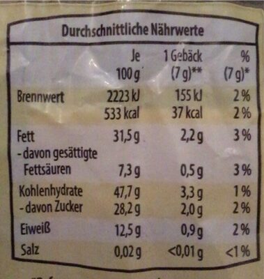 Vitalgebäck nutrition facts table