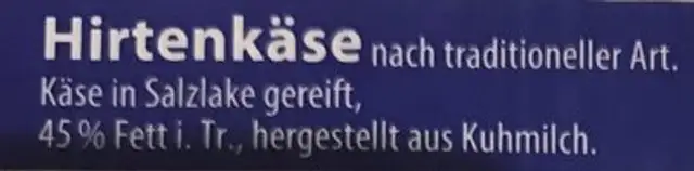 Hirtenkäse nach traditioneller Art ingredients label