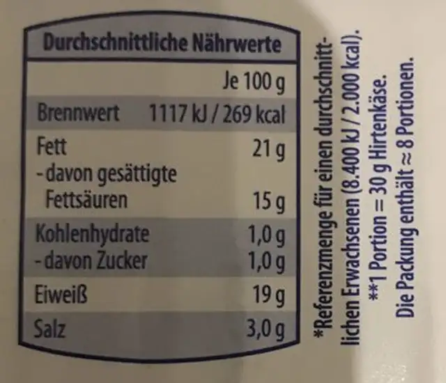 Hirtenkäse nach traditioneller Art nutrition facts table