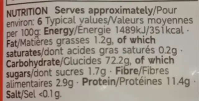 Fusili pasta nutrition facts table
