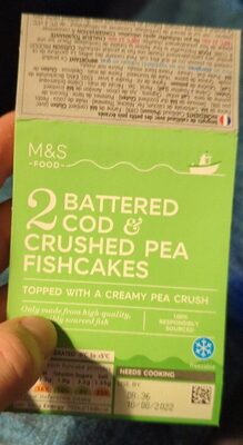 Battered cod and crushed pea fishcakes front packaging