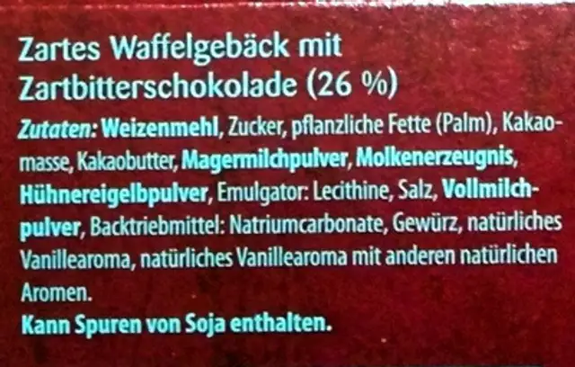 Schoko-Waffelröllchen Zartbitter ingredients label