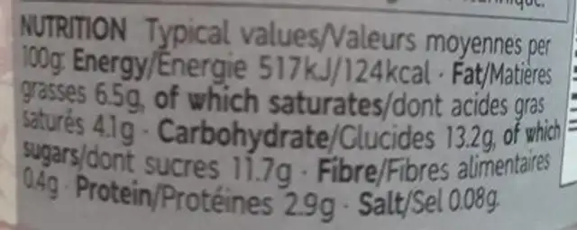 West Country Luxury Yogourt Raspberry nutrition facts table