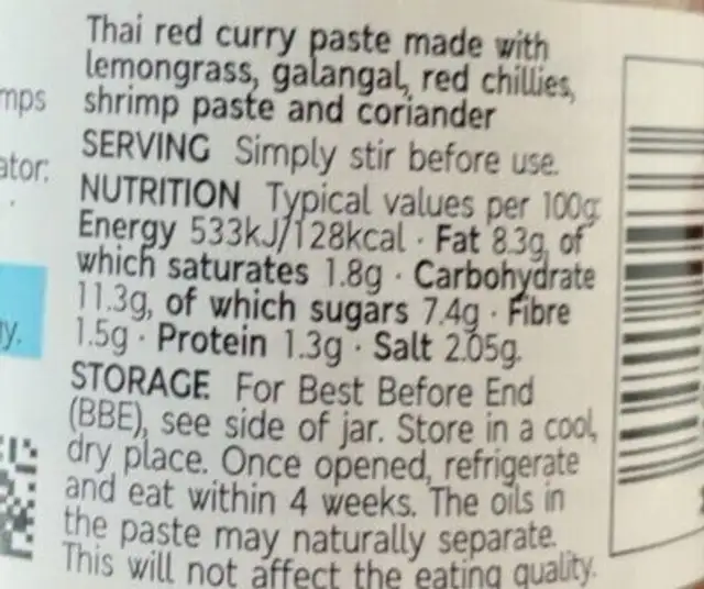 thai red curry paste nutrition facts table