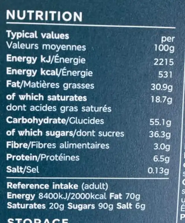 Dark Chocolate Selection nutrition facts table