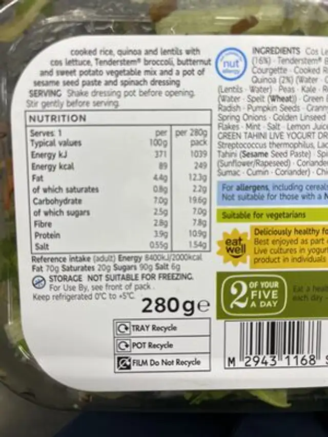 35 plants salad nutrition facts table
