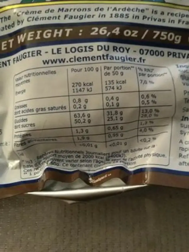 Crème de marrons de l'Ardèche ingredients label