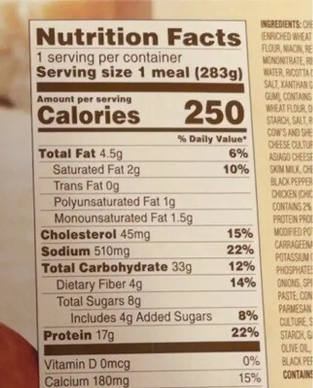 Four cheese ravioli & chicken marinara nutrition facts table