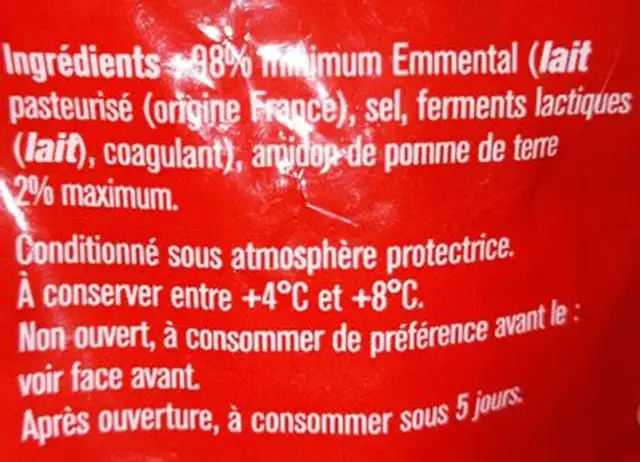 Emmental français râpé ingredients label