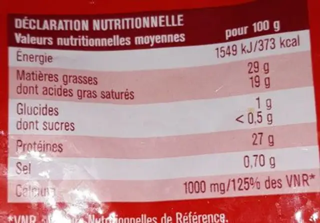 Emmental français râpé nutrition facts table