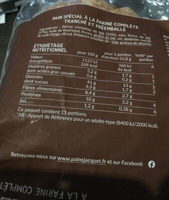 Boule à la farine complète nutrition facts table