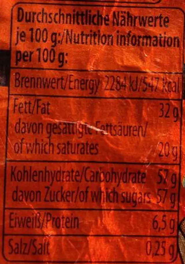 Hohlkörper aus Vollmilch-Schokolade nutrition facts table