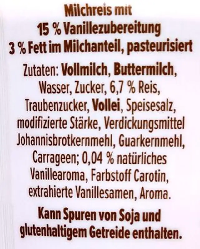 Milch Reis Vanille ingredients label