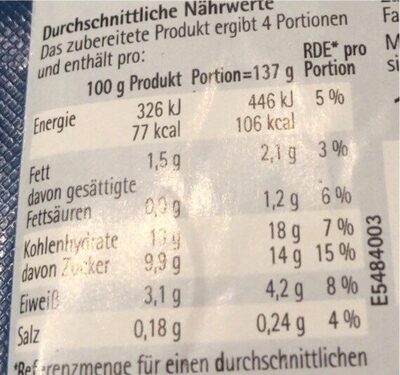 Ruf Usere Dessertsoße Vanille Geschmack nutrition facts table