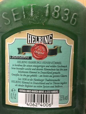 EDEKA Helbing Hamburgs feiner Kümmel 700ml (12,29€ / l) ingredients label