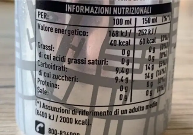 Tonic water nutrition facts table