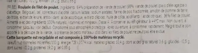Roulade de filet poulet nutrition facts table