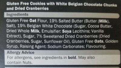 Deluxe White Chocolate & Cranberry all butter cookies ingredients label