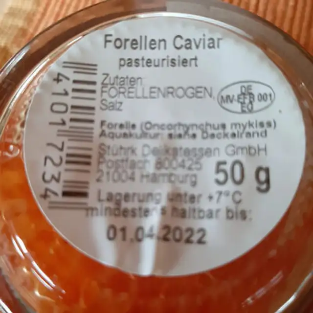 Forellen Caviar ingredients label
