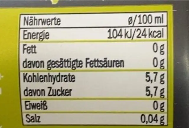My Mate nutrition facts table