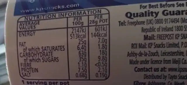 KP Choc Dips Original 26g nutrition facts table