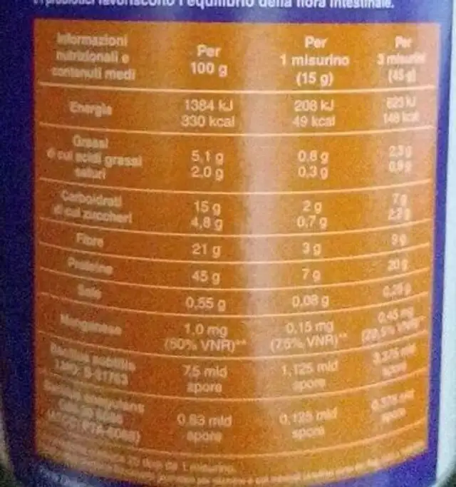 Proteine vitality nutrition facts table