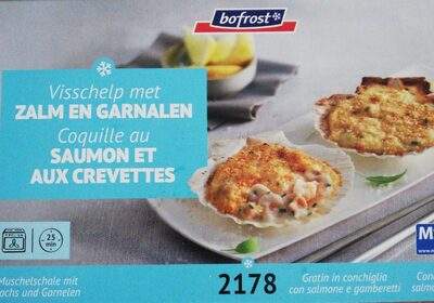 Muschelschale mit Lachs und Garnelen front packaging