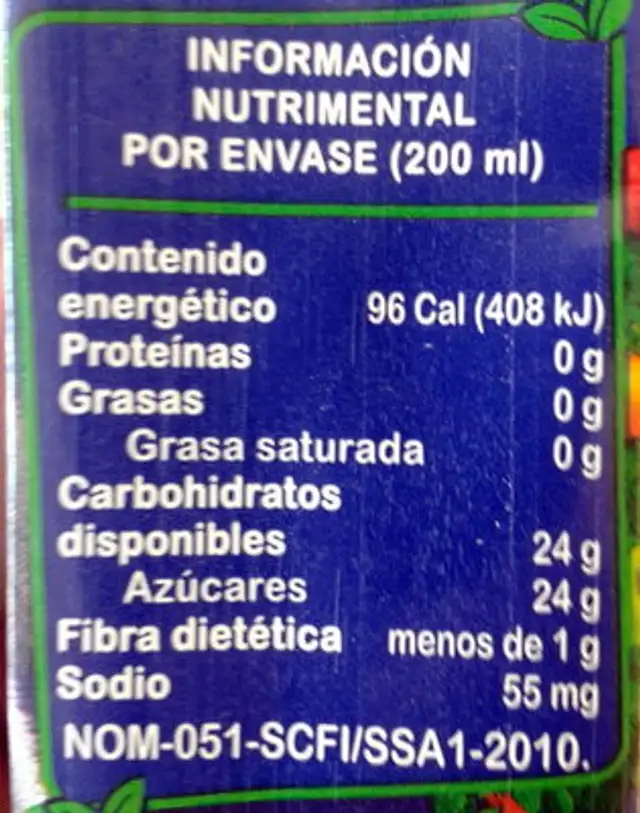 Néctar de durazno nutrition facts table