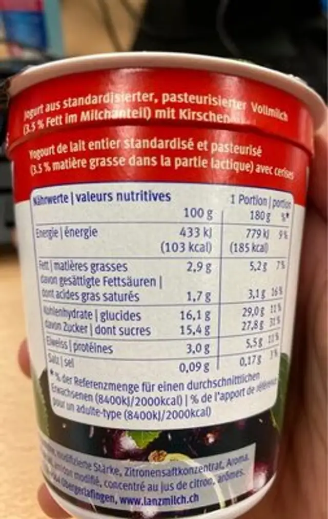 Jogurt Kirsche nutrition facts table