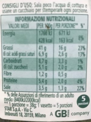GranPesto alla Genovese senz'Aglio nutrition facts table