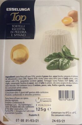 Tortelli ricotta di pecora e spinaci front packaging