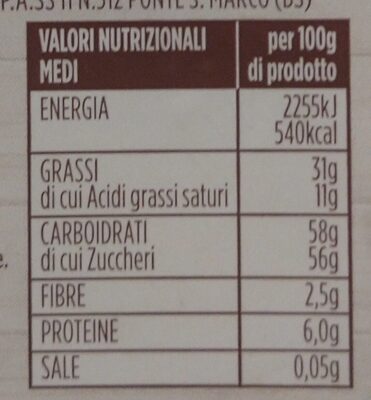 Crema alle nocciole nutrition facts table