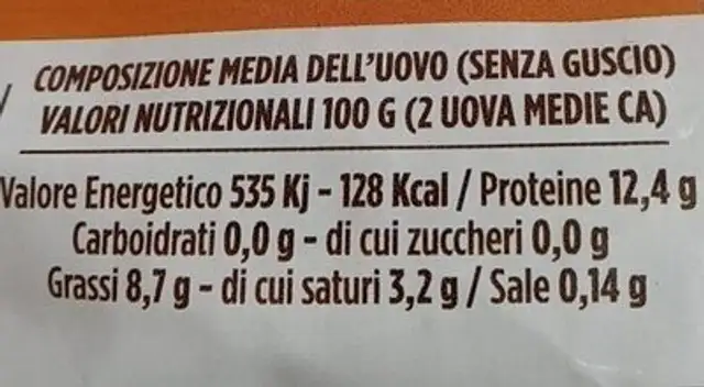 Uova nutrition facts table