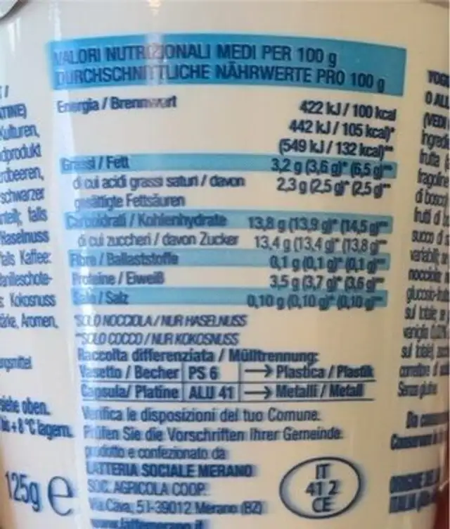 Yoghurt alla nocciola nutrition facts table