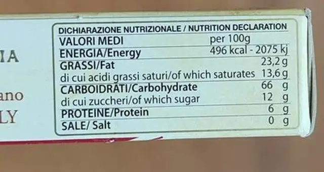 Torrone Nurzia nutrition facts table