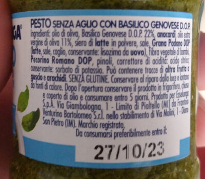 Pesto con basilico genovese (senza aglio) ingredients label
