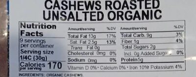 Cashews nutrition facts table
