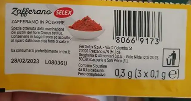 Zafferano in polvere nutrition facts table